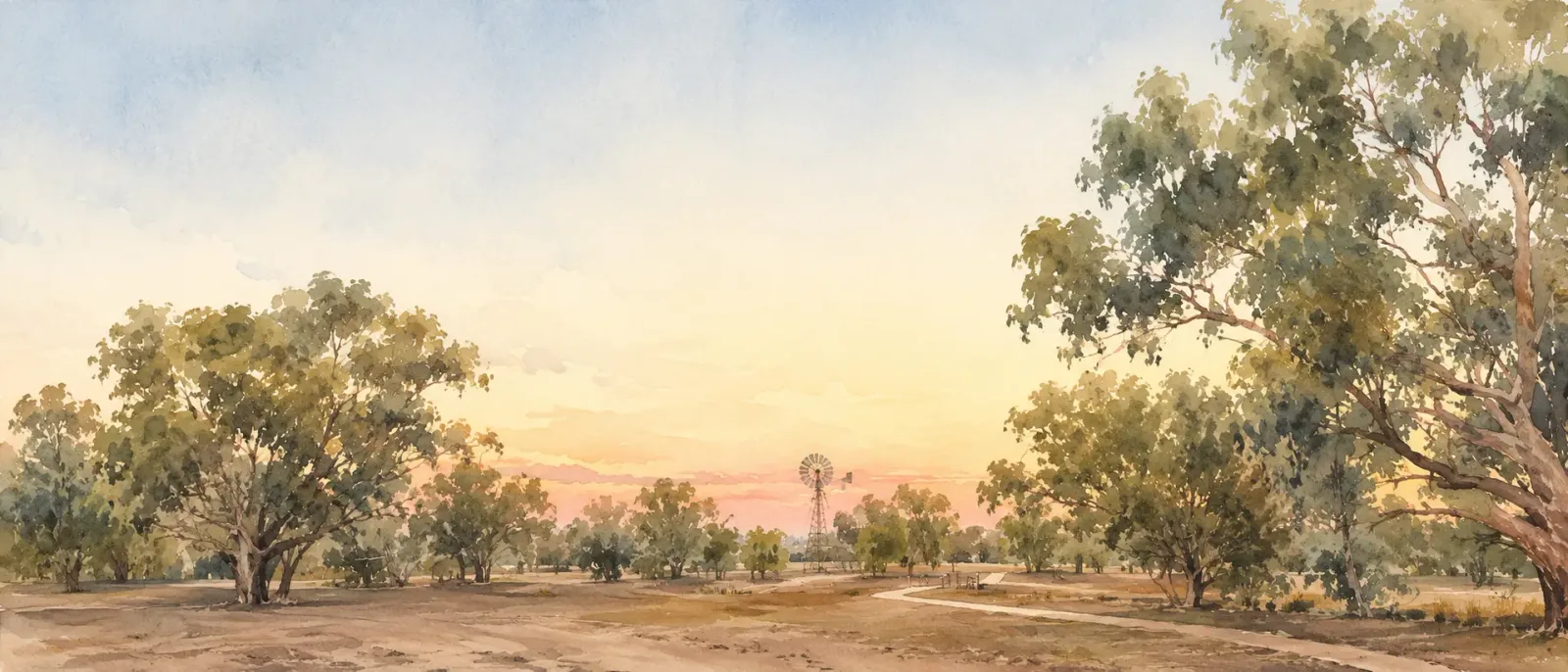 Watercolour view down a dirt path framed by tall gum trees on either side, opening onto a distant windmill silhouetted against a soft blue-to-gold sunset sky.